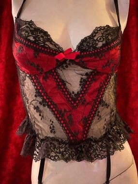 VINTAGE Sheer black Lace lingerie top with Red Satin Accents